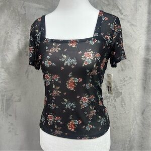 NEW No Boundaries Mesh Floral Square Neck Top Y2K 90s Sz S
